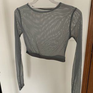 Gray mesh long-sleeve cropped top